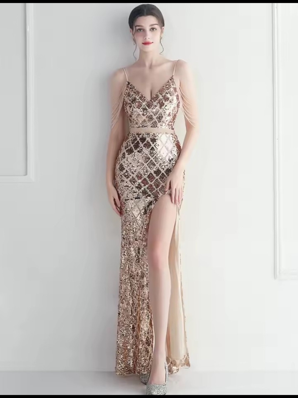 Gold Sequin Split Evening Dress with Sheer Straps